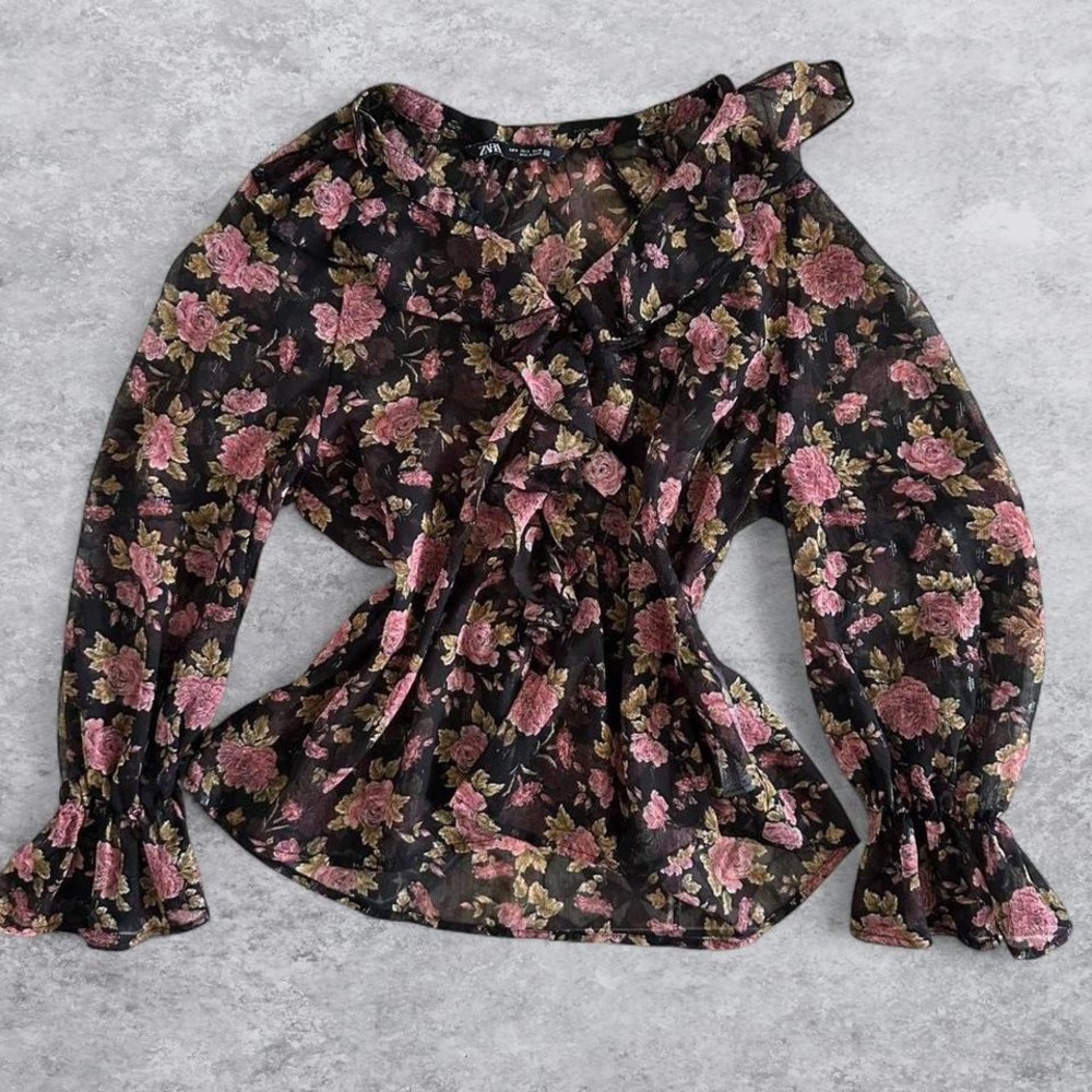 Zara Black Pink Floral Rose Ruffle V-Neck Metallic Stripe Sheer Blouse